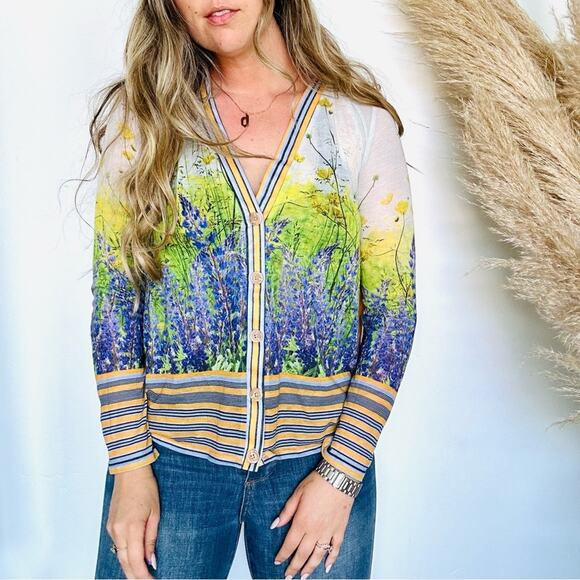 ANTHROPOLOGIE DREAM DAILY Sheer Back Floral Print Striped Button Cardi Sweater M - Picture 1 of 12